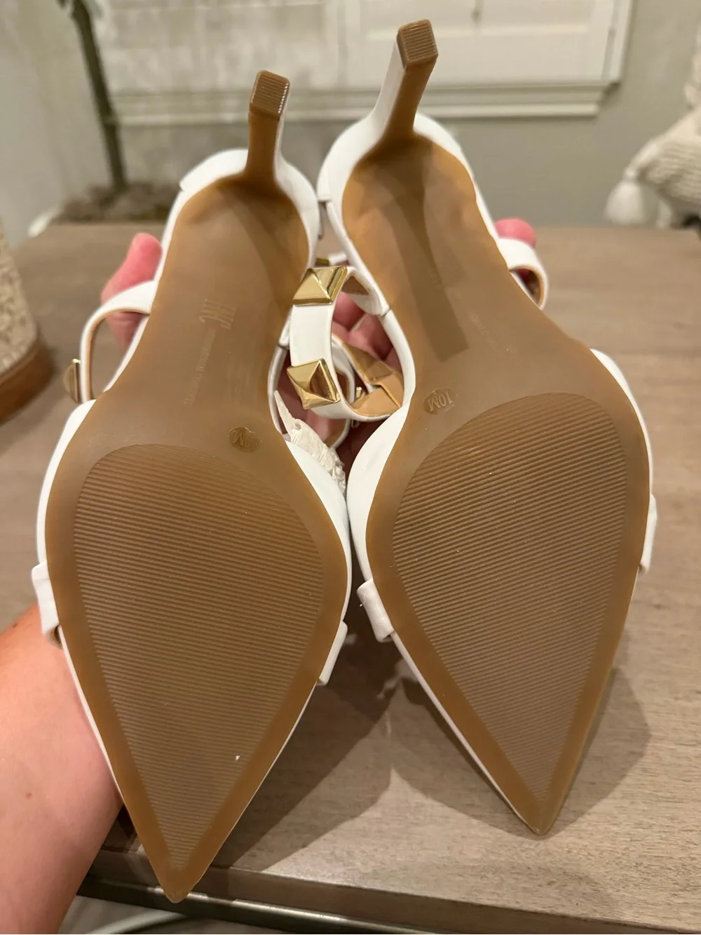 NEW INC White T-Strap Pointed High Heel with Gold Studs 10M